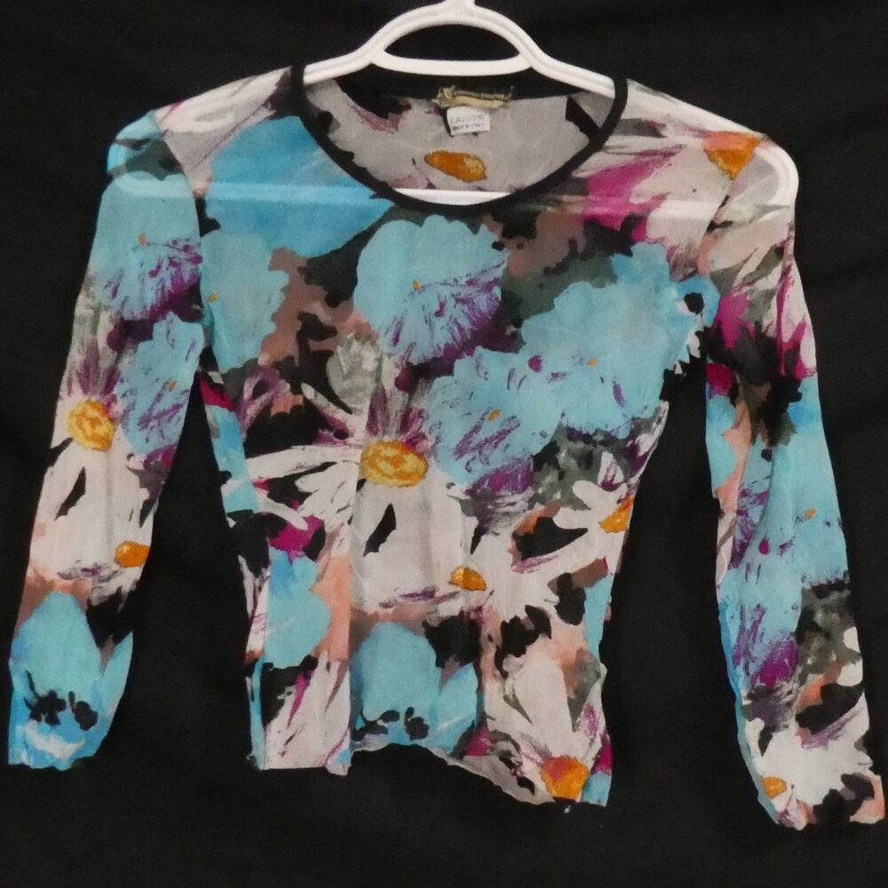 Rinascimento Floral Sheer Long Sleeve Top in Aqua, Black, White, Yellow, Purple
